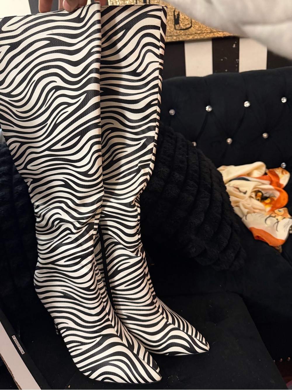 Zebra Print Stiletto Ankle Boots - Black & White - Picture 2 of 4